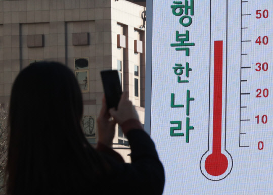 크리스마스인 25일 오후 서울 광화문광장에 설치된 사랑의 온도탑이 목표액 절반에도 못 미치는 40.7도를 가리키고 있다.